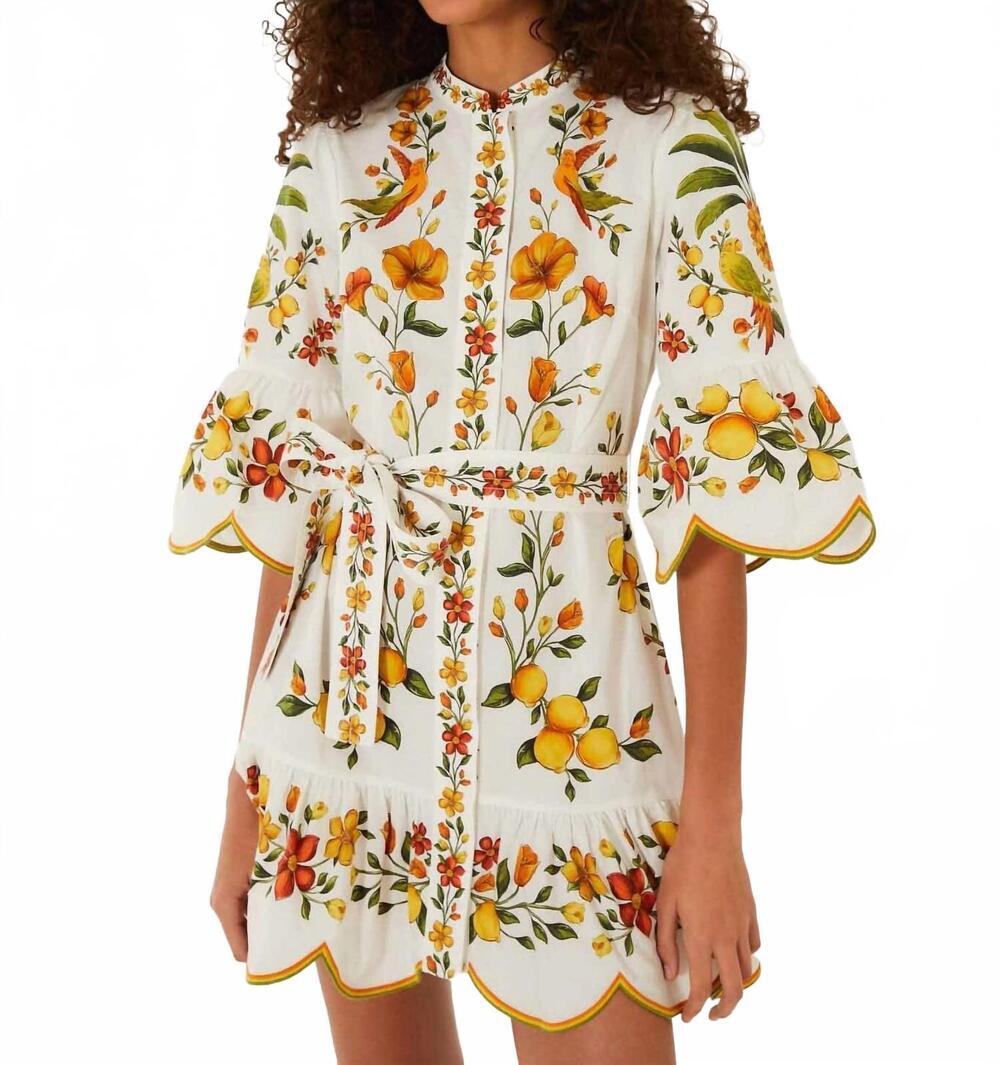 NEW FARM RIO lemon bouquet belted dress in off white